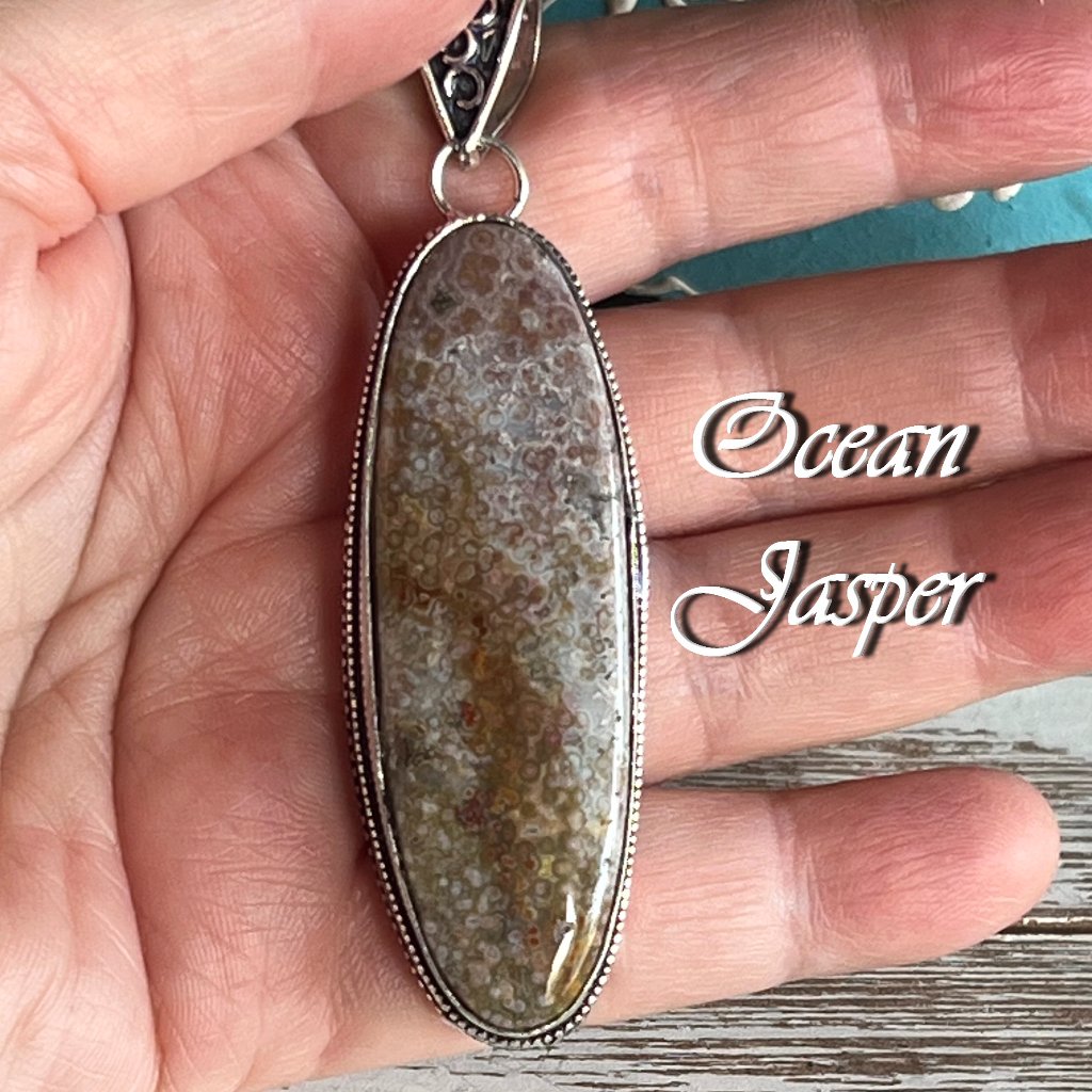 Ocean Jasper Pendant Handmade Long Gemstone Crystal 925 Silver Bohemian Ethnic